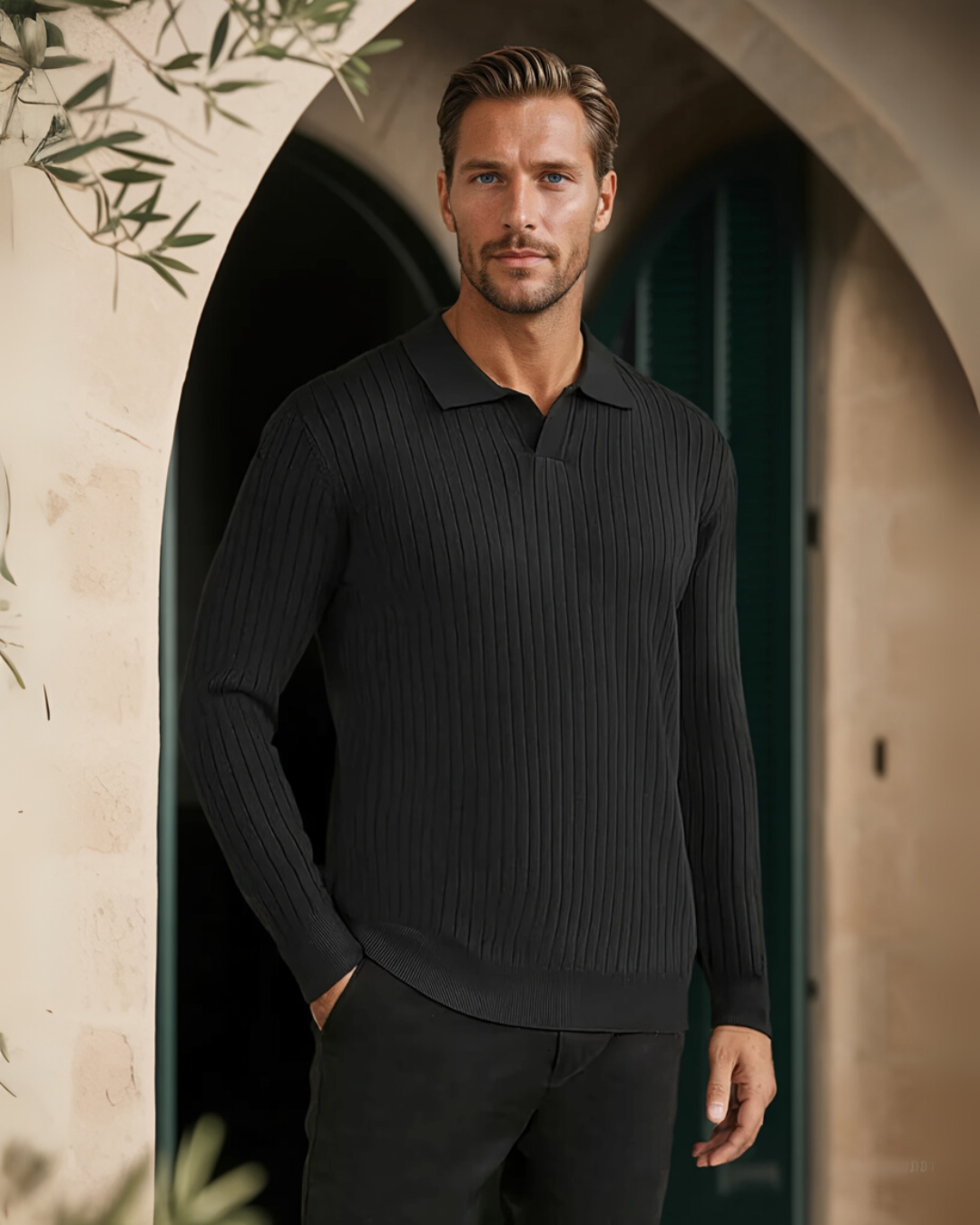 Impetto Ribbed Long-Sleeve Polo Shirt